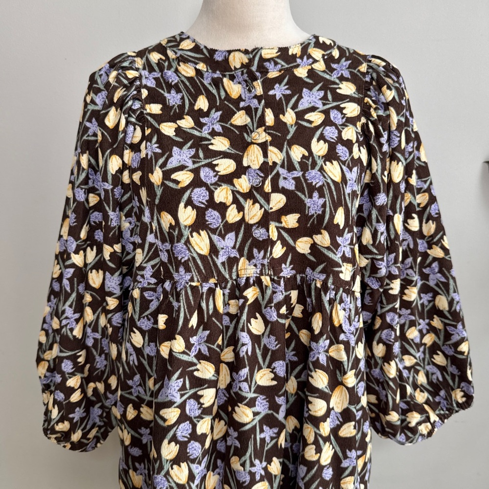 Umgee Corduroy Floral Print Babydoll Mini Dress in Brown M - Picture 6 of 12
